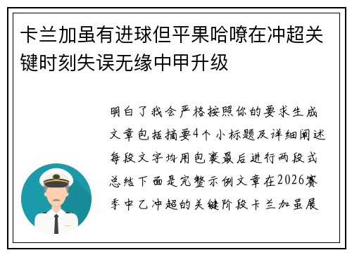 卡兰加虽有进球但平果哈嘹在冲超关键时刻失误无缘中甲升级
