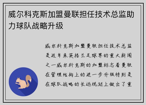 威尔科克斯加盟曼联担任技术总监助力球队战略升级